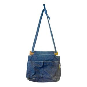 Vintage 90s Denim Convertible Handbag/Shoulder Bag with Wood‎ Accent